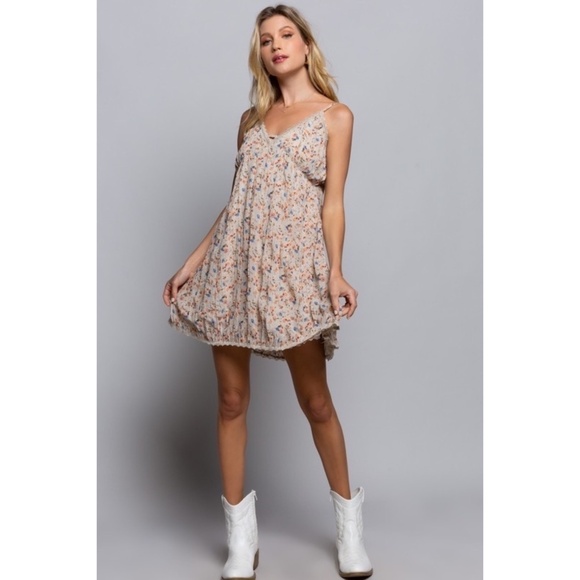 POL Taupe Small Floral Print Spaghetti Strap Sundress - Picture 7 of 8